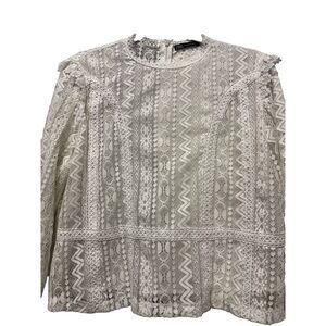 Zara White‎ Lace Sheer Ruffle Top XL Peasant Cottage Prairie Boho Hippie Corp